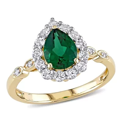 Lab Created Emeraldand White Topaz with Diamond Accent Teardrop Halo Ring 10K Yellow Gold
