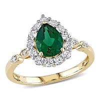 Lab Created Emeraldand White Topaz with Diamond Accent Teardrop Halo Ring 10K Yellow Gold