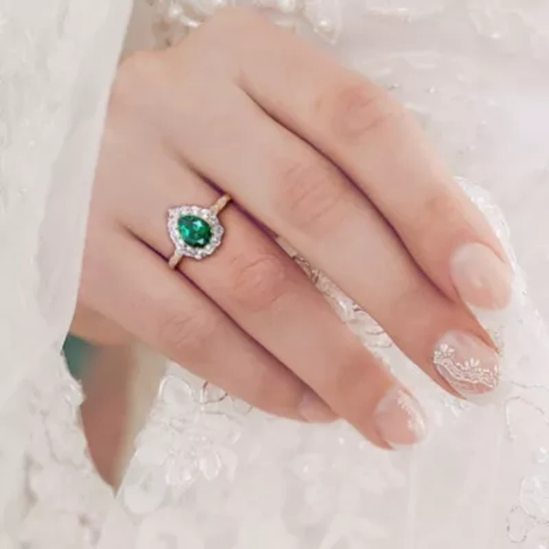 Lab Created Emeraldand White Topaz with Diamond Accent Teardrop Halo Ring 10K Yellow Gold
