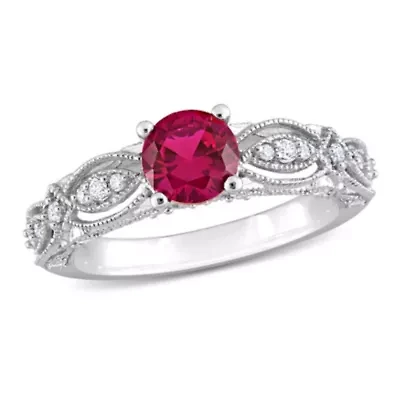 Lab Created Ruby and White Sapphire with 1/10 ct. t.w. Diamond Vintage Ring 10K Gold