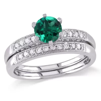 Lab Created Emerald and 1/4 ct. t.w. Diamond Bridal Ring Set 10K White Gold