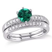 Lab Created Emerald and 1/4 ct. t.w. Diamond Bridal Ring Set 10K White Gold