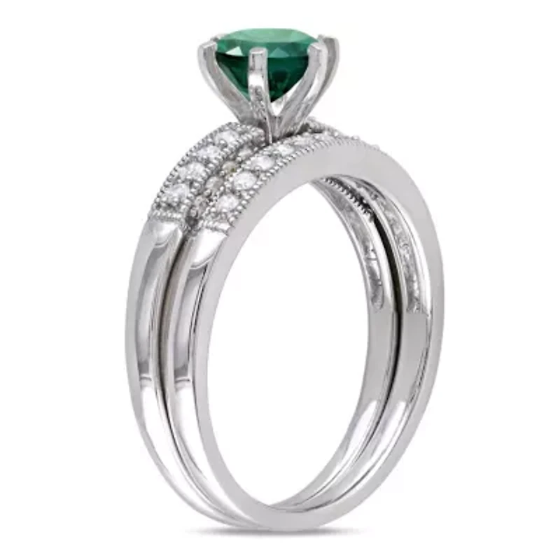 Lab Created Emerald and 1/4 ct. t.w. Diamond Bridal Ring Set 10K White Gold
