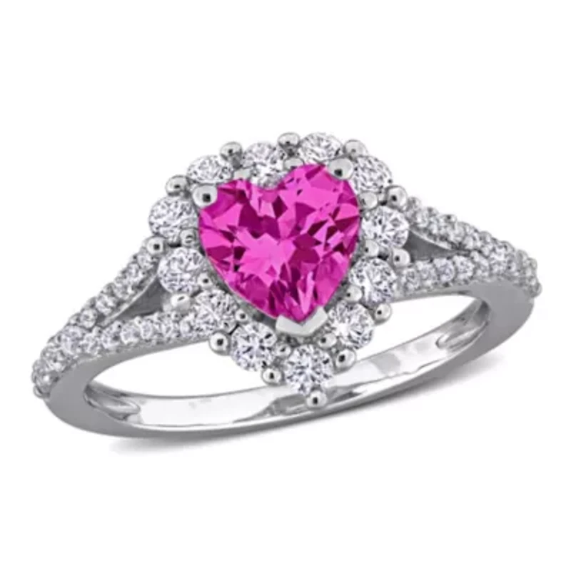 Lab Created Pink and White Sapphire Halo Heart Engagement Ring Sterling Silver