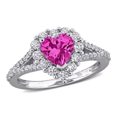 Lab Created Pink and White Sapphire Halo Heart Engagement Ring Sterling Silver