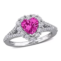 Lab Created Pink and White Sapphire Halo Heart Engagement Ring Sterling Silver
