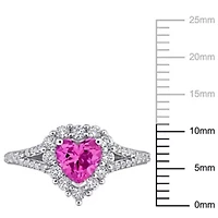 Lab Created Pink and White Sapphire Halo Heart Engagement Ring Sterling Silver