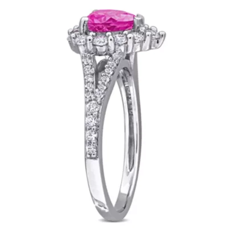 Lab Created Pink and White Sapphire Halo Heart Engagement Ring Sterling Silver