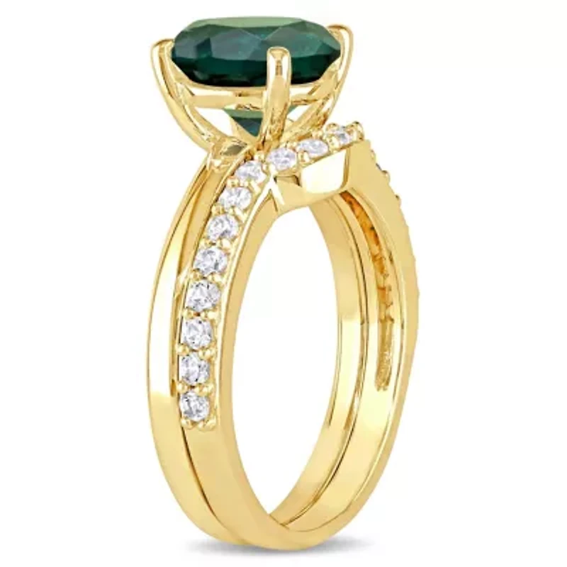 Lab Created Emerald and White Sapphire Bridal Ring Set 10K Yellow Gold