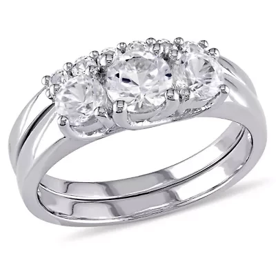 Lab Created White Sapphire 3-Stone Bridal Ring Set 10K Gold