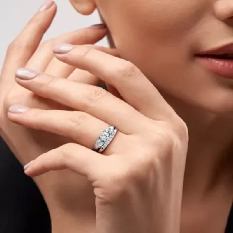 Lab Created White Sapphire 3-Stone Bridal Ring Set 10K Gold