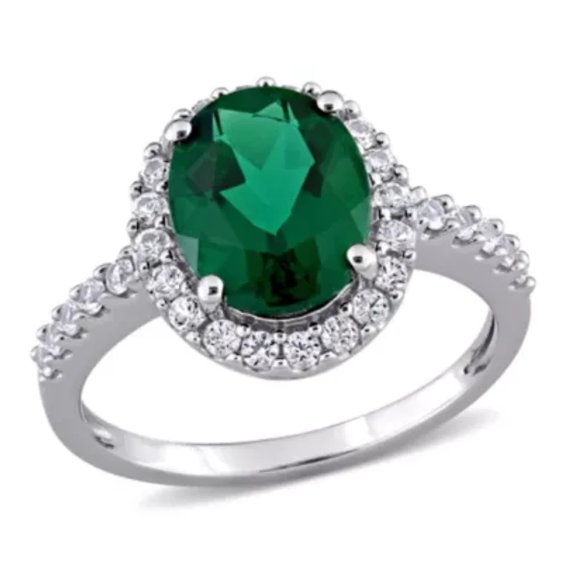 Lab Created Emerald and White Sapphire Halo Engagement Ring 10K Gold