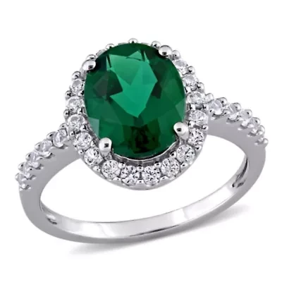 Lab Created Emerald and White Sapphire Halo Engagement Ring 10K Gold