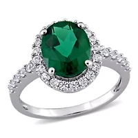Lab Created Emerald and White Sapphire Halo Engagement Ring 10K Gold