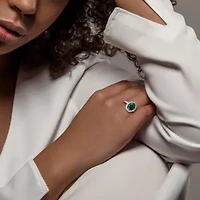 Lab Created Emerald and White Sapphire Halo Engagement Ring 10K Gold