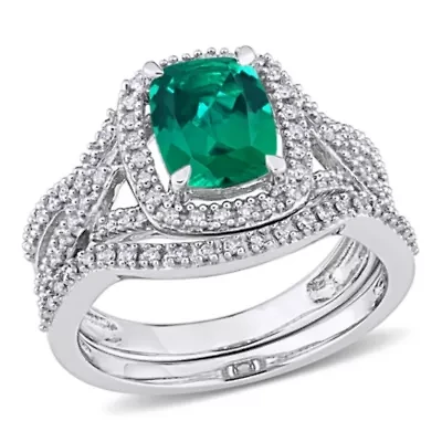 Lab Created Emerald and 1/4 ct. t.w. Diamond Ring Set 10K White Gold