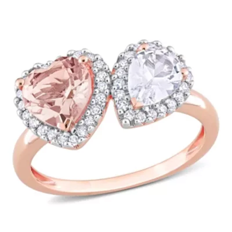 Lab Created Morganite and White Sapphire with 1/5 ct. t.w. Diamond 2-Stone Ring 14K Rose Gold