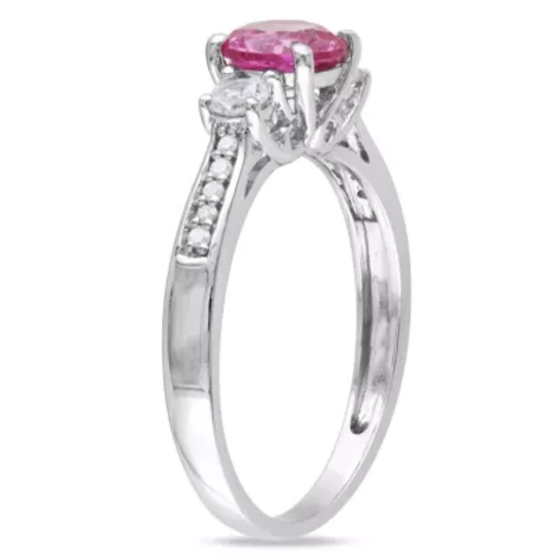Lab Created Pink and White Sapphire with Diamond 3-Stone Engagement Ring 10K Gold
