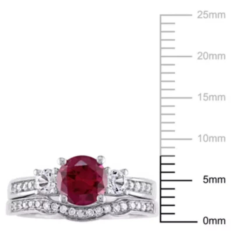 Lab Created Ruby and White Sapphire with 1/7 ct. t.w. Diamond 3-Stone Vintage Bridal Ring Set 10K Gold