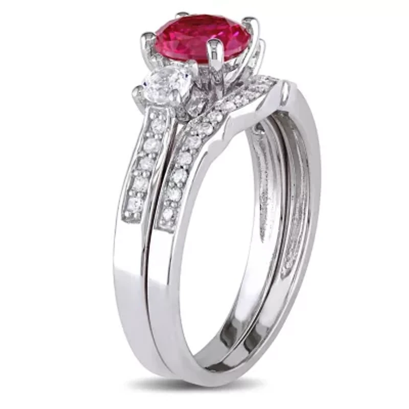 Lab Created Ruby and White Sapphire with 1/7 ct. t.w. Diamond 3-Stone Vintage Bridal Ring Set 10K Gold