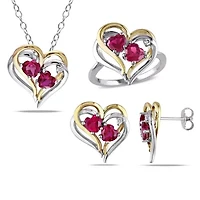Lab Created 3-Pc Set of Ruby and 1/10 ct. t.w. Diamond Double Heart Ring, Earrings Pendant with Chain 2-Tone Sterling Silver