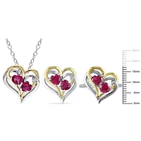 Lab Created 3-Pc Set of Ruby and 1/10 ct. t.w. Diamond Double Heart Ring, Earrings Pendant with Chain 2-Tone Sterling Silver
