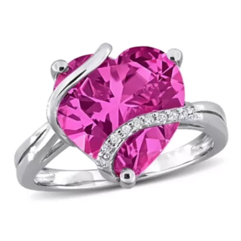 Lab Created Pink Sapphire and Diamond Accent Heart Wrapped Ring Sterling Silver