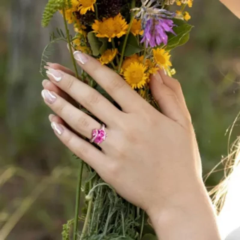 Lab Created Pink Sapphire and Diamond Accent Heart Wrapped Ring Sterling Silver