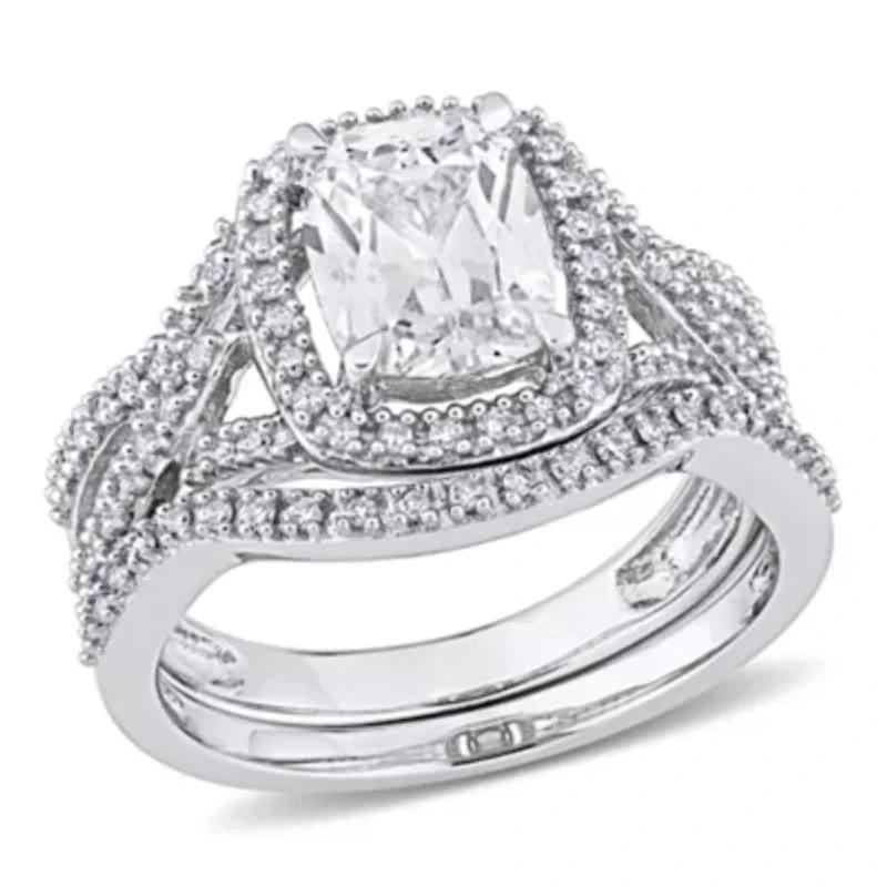 Lab Created White Sapphire and 1/4 ct. t.w. Diamond Bridal Ring Set 10K Gold