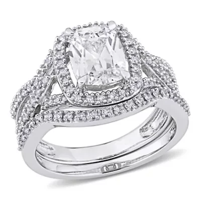 Lab Created White Sapphire and 1/4 ct. t.w. Diamond Bridal Ring Set 10K Gold