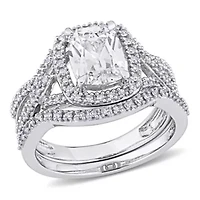 Lab Created White Sapphire and 1/4 ct. t.w. Diamond Bridal Ring Set 10K Gold