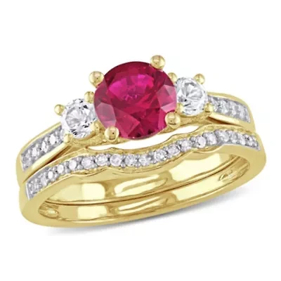 Lab Created Ruby and White Sapphire with 1/8 ct. t.w. Diamond Bridal Ring Set 10K Yellow Gold