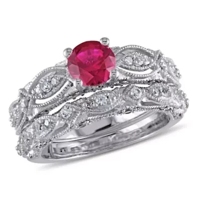 Lab Created Ruby and White Sapphire with 1/10 ct. t.w. Diamond Bridal Ring Set 10K Gold