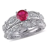 Lab Created Ruby and White Sapphire with 1/10 ct. t.w. Diamond Bridal Ring Set 10K Gold