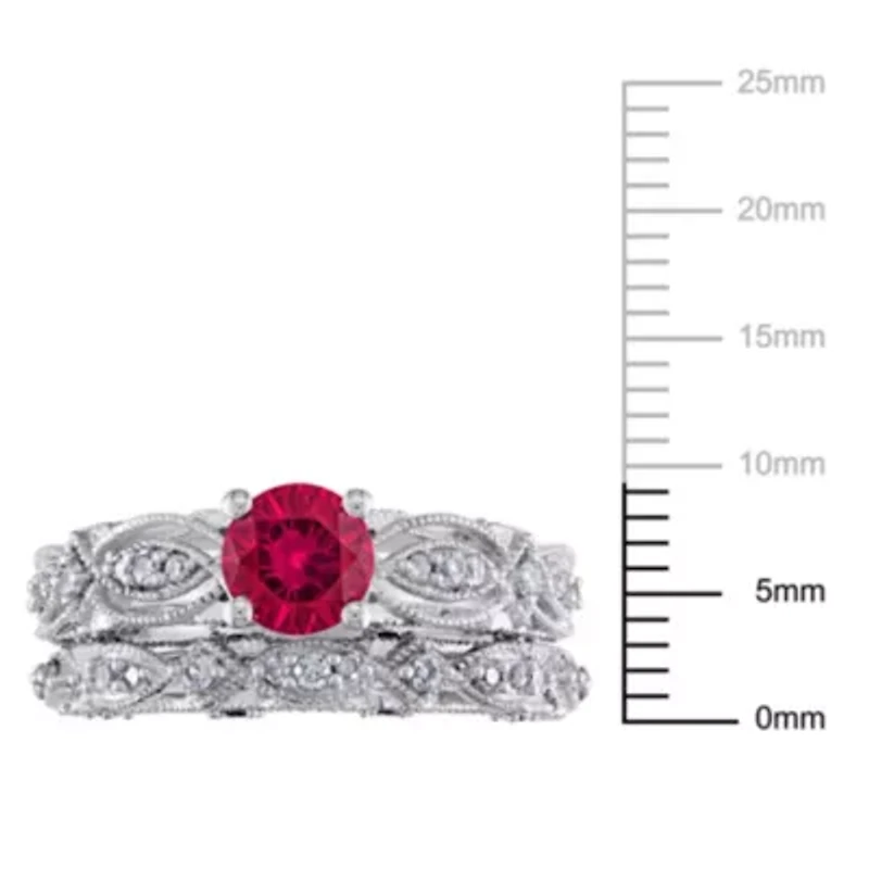 Lab Created Ruby and White Sapphire with 1/10 ct. t.w. Diamond Bridal Ring Set 10K Gold