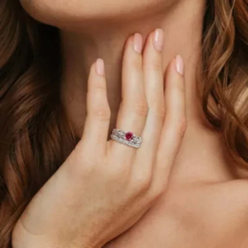 Lab Created Ruby and White Sapphire with 1/10 ct. t.w. Diamond Bridal Ring Set 10K Gold