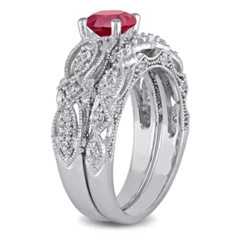 Lab Created Ruby and White Sapphire with 1/10 ct. t.w. Diamond Bridal Ring Set 10K Gold