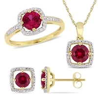 Lab Created 3-Pc Set of Ruby and 1/3 ct. t.w. Diamond Square Halo Ring, Earrings, Pendant with Chain 10K Yellow Gold