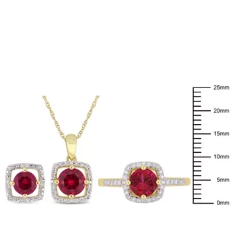 Lab Created 3-Pc Set of Ruby and 1/3 ct. t.w. Diamond Square Halo Ring, Earrings, Pendant with Chain 10K Yellow Gold