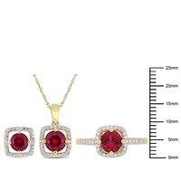 Lab Created 3-Pc Set of Ruby and 1/3 ct. t.w. Diamond Square Halo Ring, Earrings, Pendant with Chain 10K Yellow Gold