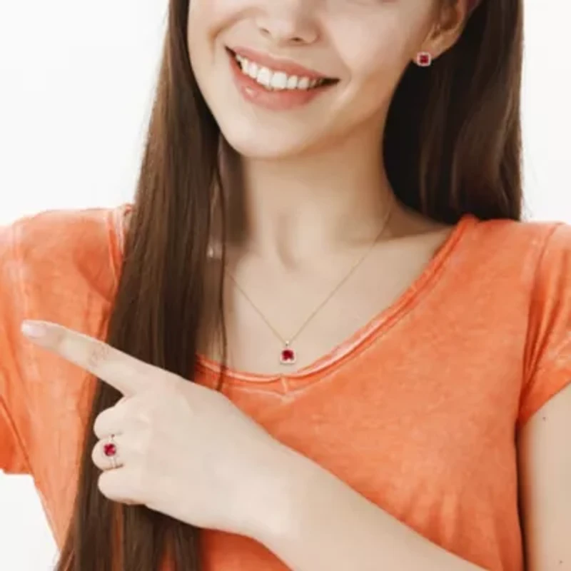 Lab Created 3-Pc Set of Ruby and 1/3 ct. t.w. Diamond Square Halo Ring, Earrings, Pendant with Chain 10K Yellow Gold