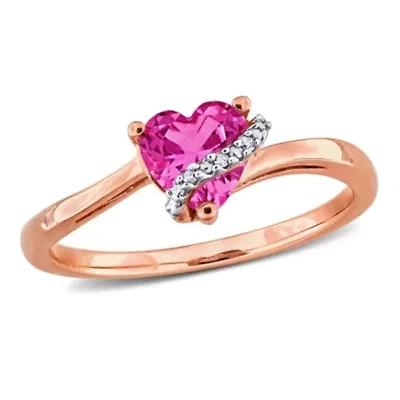 Lab Created Pink Sapphire and Diamond Accent Heart Ring Rose Plated Sterling Silver