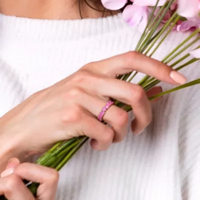 Lab Created Pink Sapphire Heart Eternity Ring Rose Plated Sterling Silver