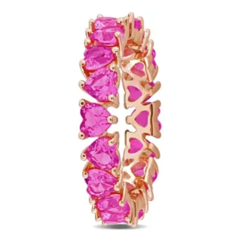 Lab Created Pink Sapphire Heart Eternity Ring Rose Plated Sterling Silver