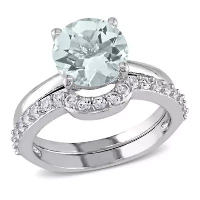 Lab Created Aquamarine and White Sapphire Bridal Ring Set 10K Gold