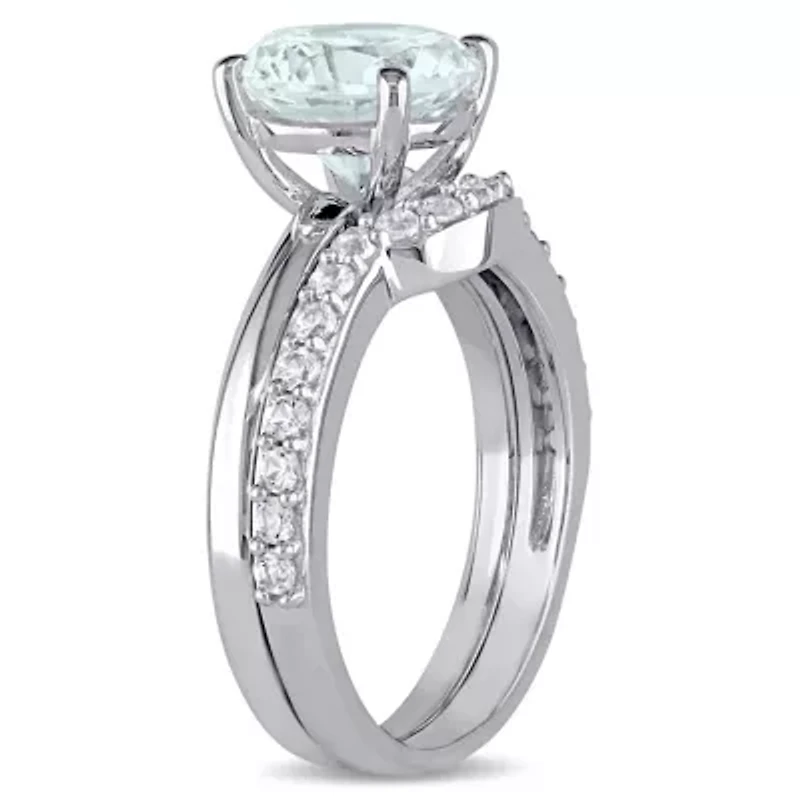 Lab Created Aquamarine and White Sapphire Bridal Ring Set 10K Gold
