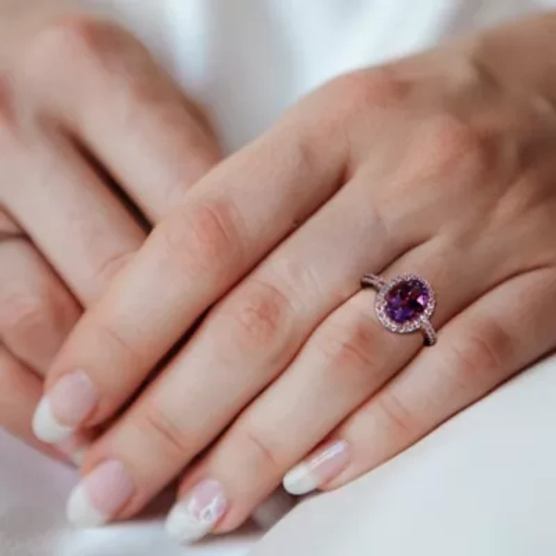 Lab Created Amethyst and White Sapphire Halo Engagement Ring 10K Rose Gold