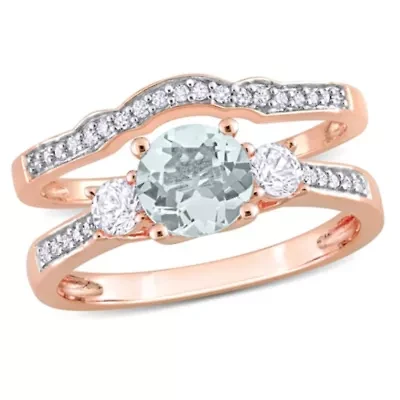 Lab Created Aquamarine and 1/8 ct. t.w. Diamond Bridal Ring Set 10K Rose Gold