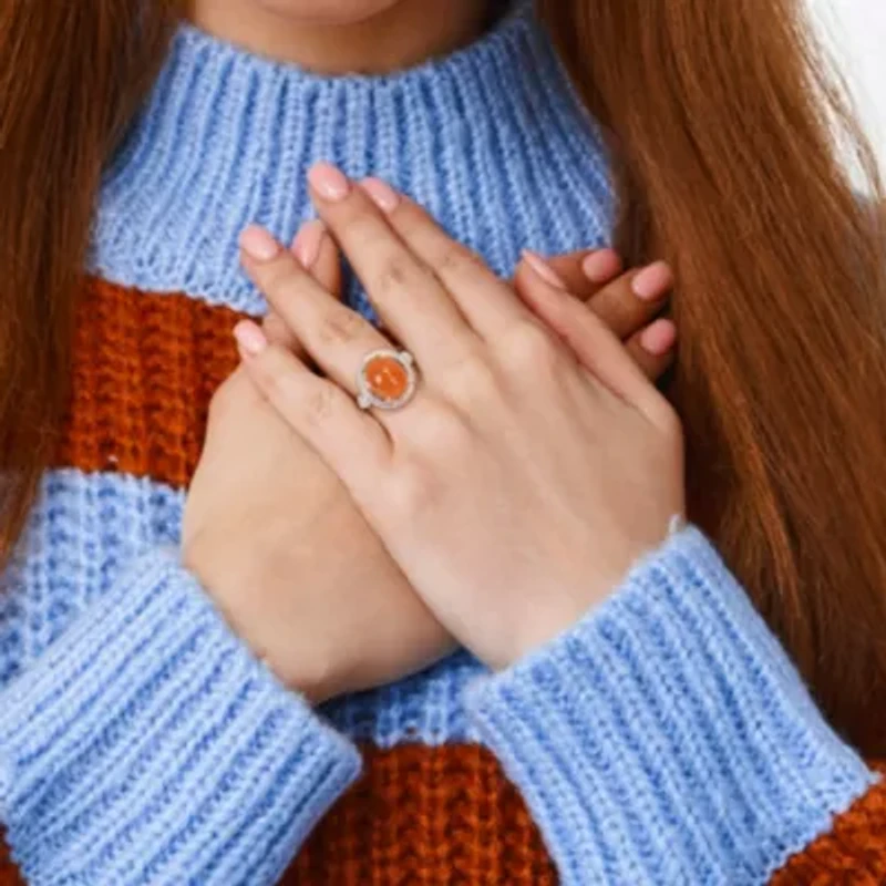 Orange Moonstone and Diamond Accent Halo Ring 14K Yellow Gold