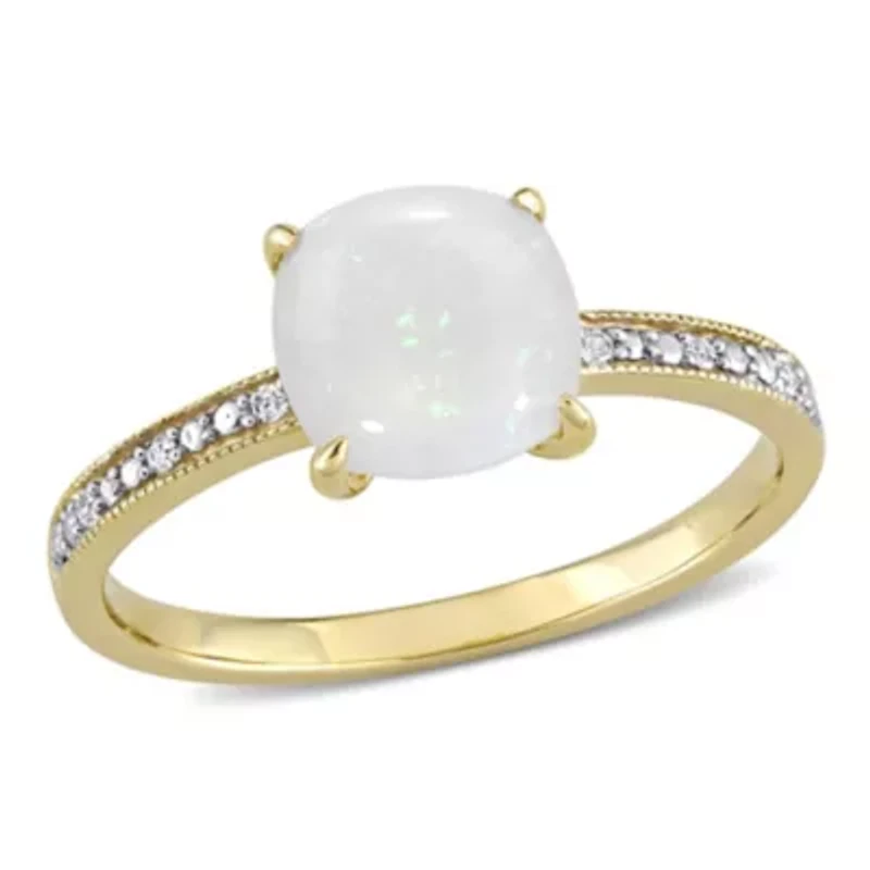 Opal and Diamond Accent Milgrain Solitaire Engagement Ring 10K Yellow Gold